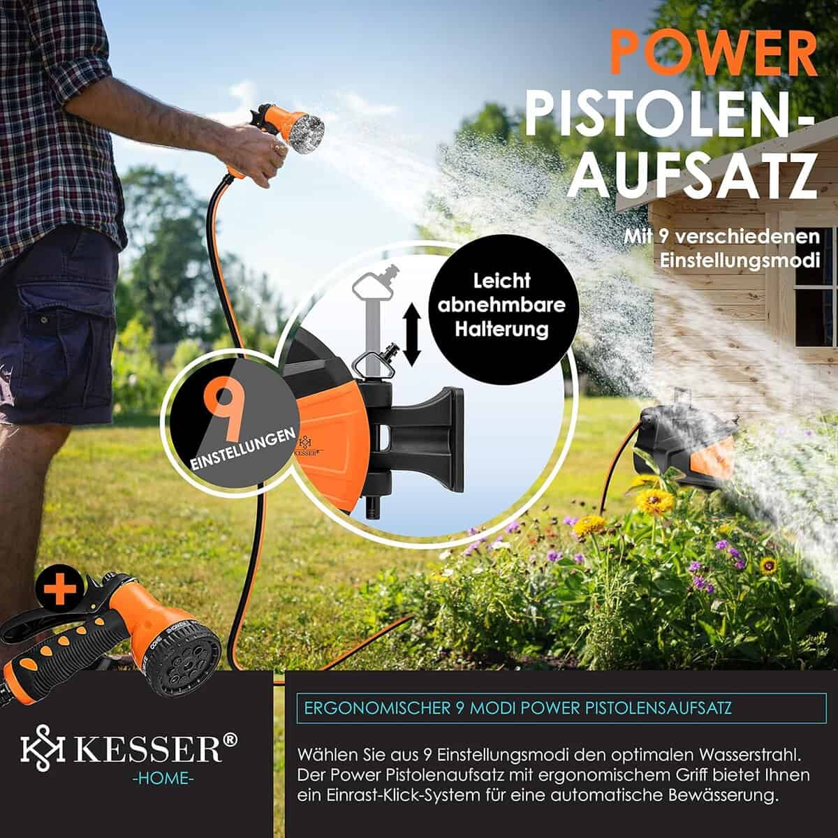 KESSER Schlauchtrommel 20m – Wandmontage, 180° schwenkbar, automatische Aufrollung