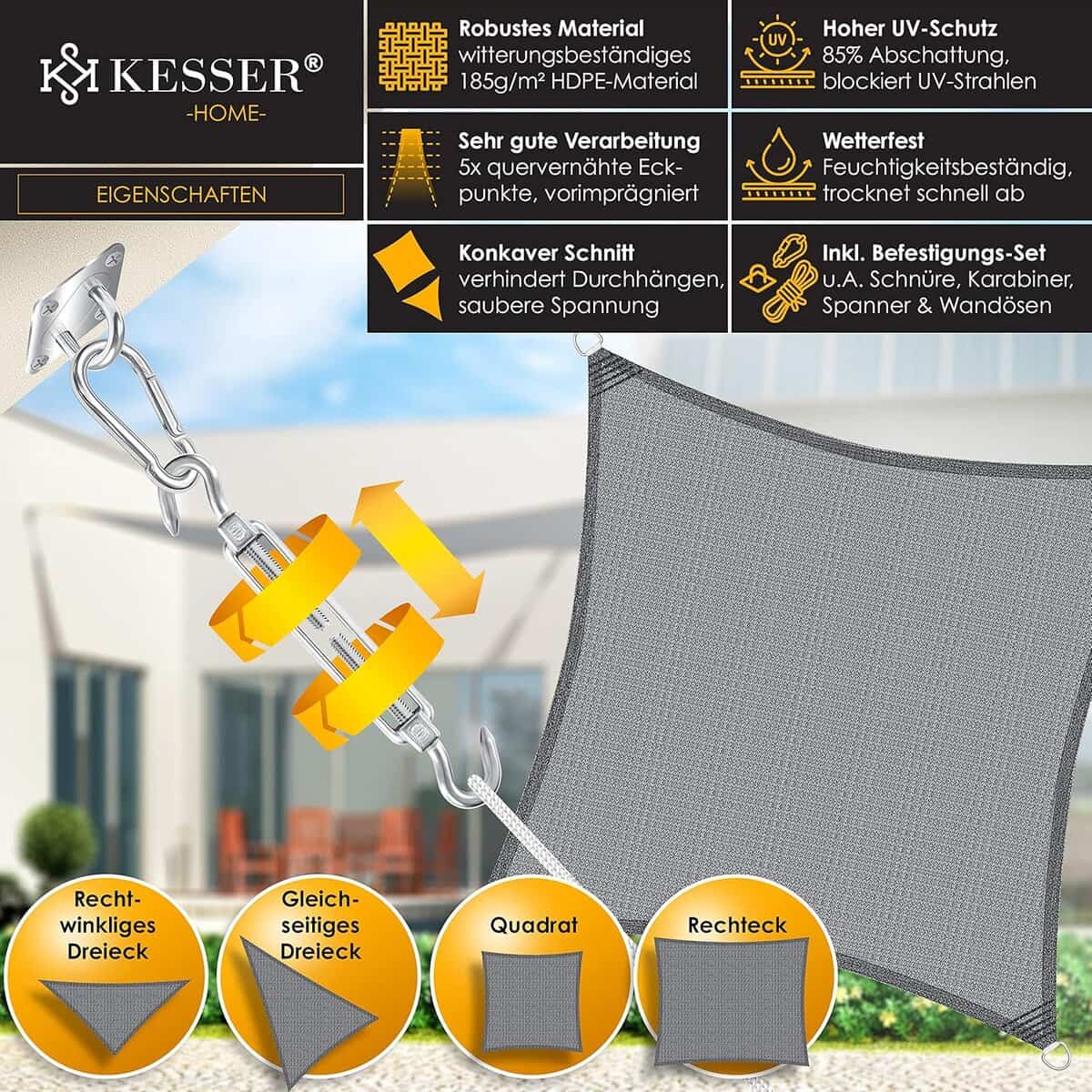 KESSER® Sonnensegel Sonnenschutz Windschutz | HDPE Gewebe | wasserabweisend & windabweisend | Quadrat 3.6x3.6m | 5-Fach quer vernäht robust & stabil Schattenspender Garten...