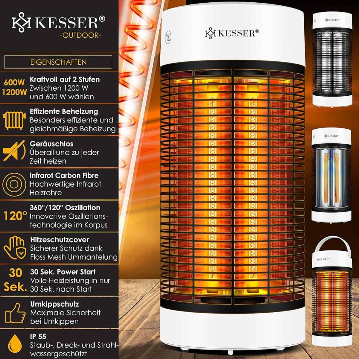 KESSER Standheizstrahler Infrarot 1200W, 360° Oszillation, IP55 wetterfest