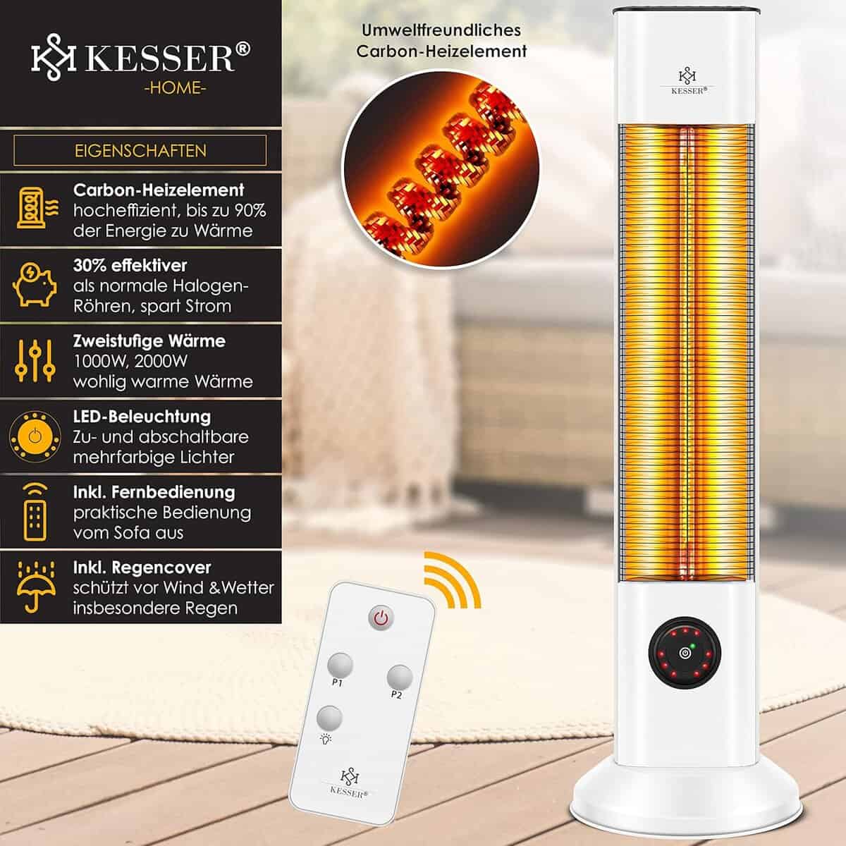 KESSER® Standheizstrahler Infrarot Stand Heizstrahler Inkl. Schutzhülle Wärmestrahler Terrasse Infrarotstrahler Turmheizstrahler 2000 Watt Terrassenstrahler Standheizung mit...