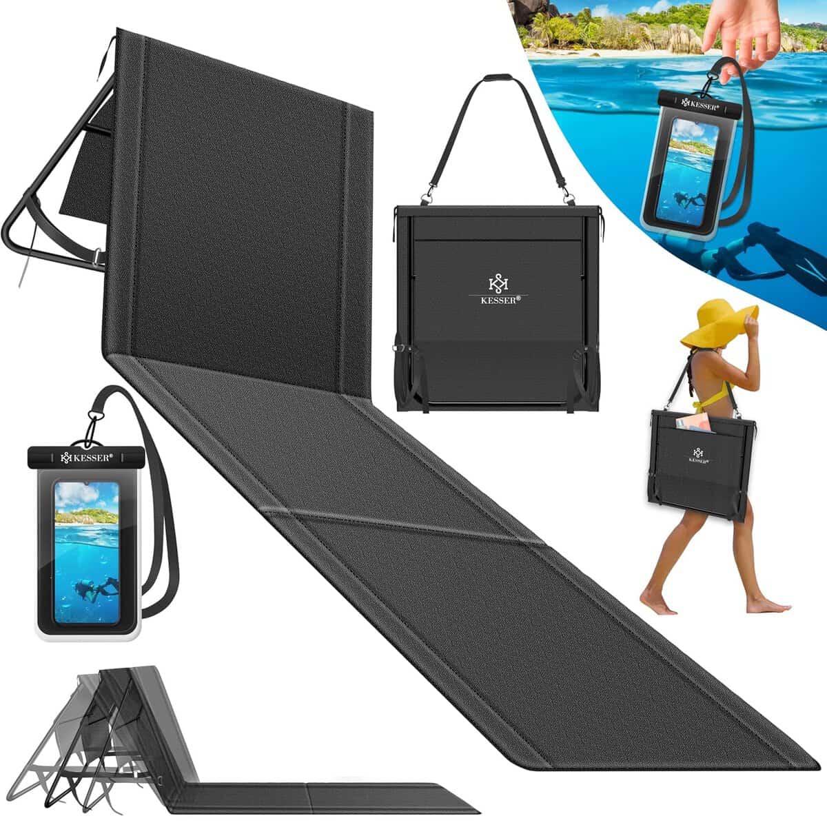 KESSER Strandmatte 2er-Set – klappbar, verstellbare Rückenlehne, Tragegurt, 130 kg