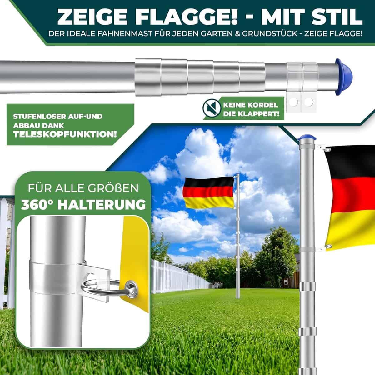 KESSER® Teleskop Fahnenmast Aluminium 6,30m Bodenhülse 60cm inkl Deutschlandfahne Höhenverstellbar Flaggenmast Mast Deutschland Flagge Alu (Silber)