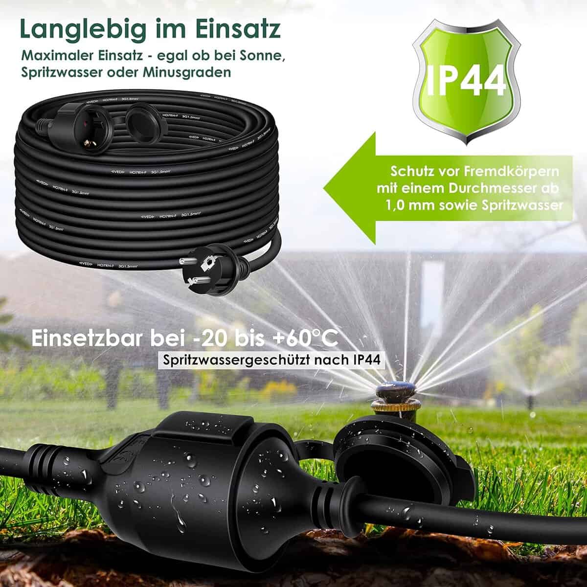 KESSER Verlängerungskabel 30m Outdoor, IP44, Schuko-Stecker mit Schutzkappe