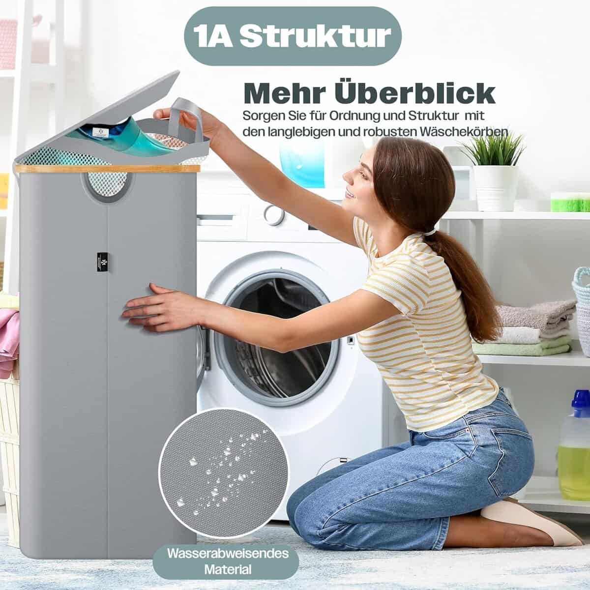 KESSER® Wäschekorb mit Deckel 2 Fächer faltbar 140 Liter Wäschebox Wäschetruhe Wäschekorb Wäschetonne | Wäschesammler mit 3x herausnehmbaren Wäschesäcke | Wäschesortierter inkl....