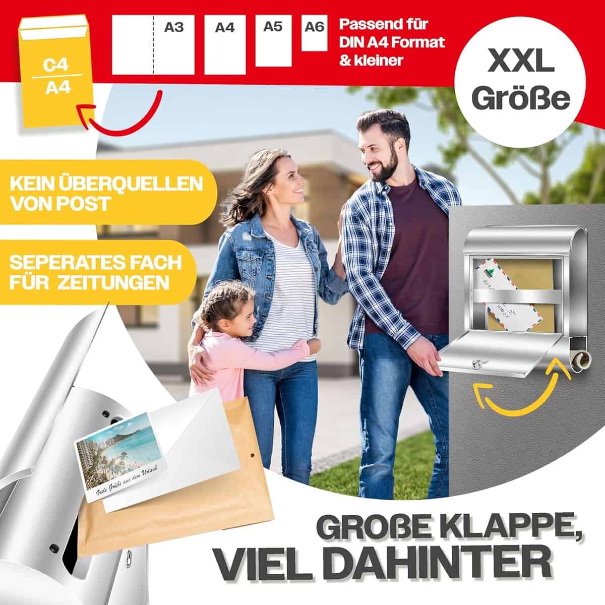 KESSER XXL Briefkasten Edelstahl mit Zeitungsfach, abschließbar, Wandmontage