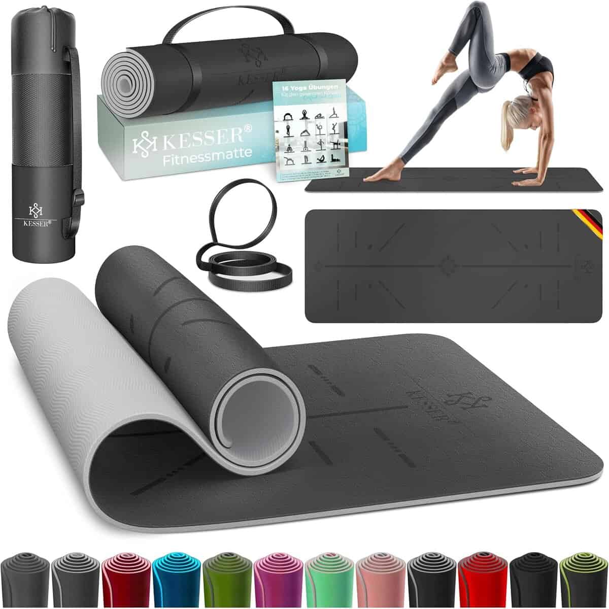 Eine Kollektion von Kesser Gymnastikmatte in verschiedenen Farben, jeweils TPE rutschfest für optimale Griffigkeit, mit Zubehör wie Trageriemen und Aufbewahrungsbeutel, sowie einem Bild einer Frau, die eine Yogastellung einnimmt.
