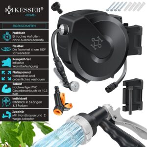 Schlauchtrommel-Set mit Wandmontage, Sprühdüse, Befestigungsschrauben und Zubehör, abgebildet mit fließendem Wasser und beschrifteten Merkmalen in deutscher Sprache.